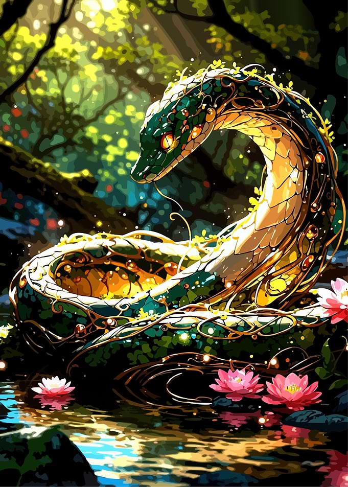 Enchanted Serpent in a Lush Forest Pond