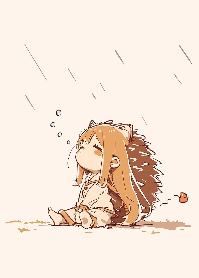 Cute Hedgehog Girl in Rain