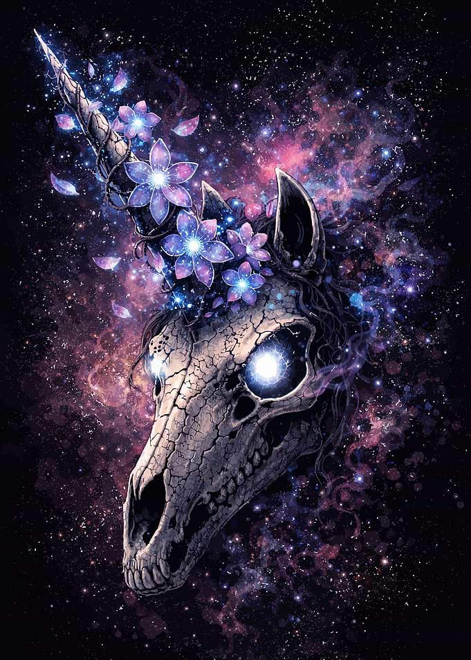 Cosmic Unicorn Skull with Flowers