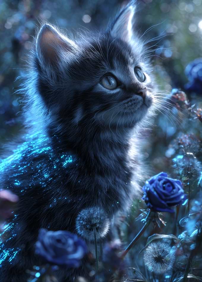 Kitten in a magical blue garden