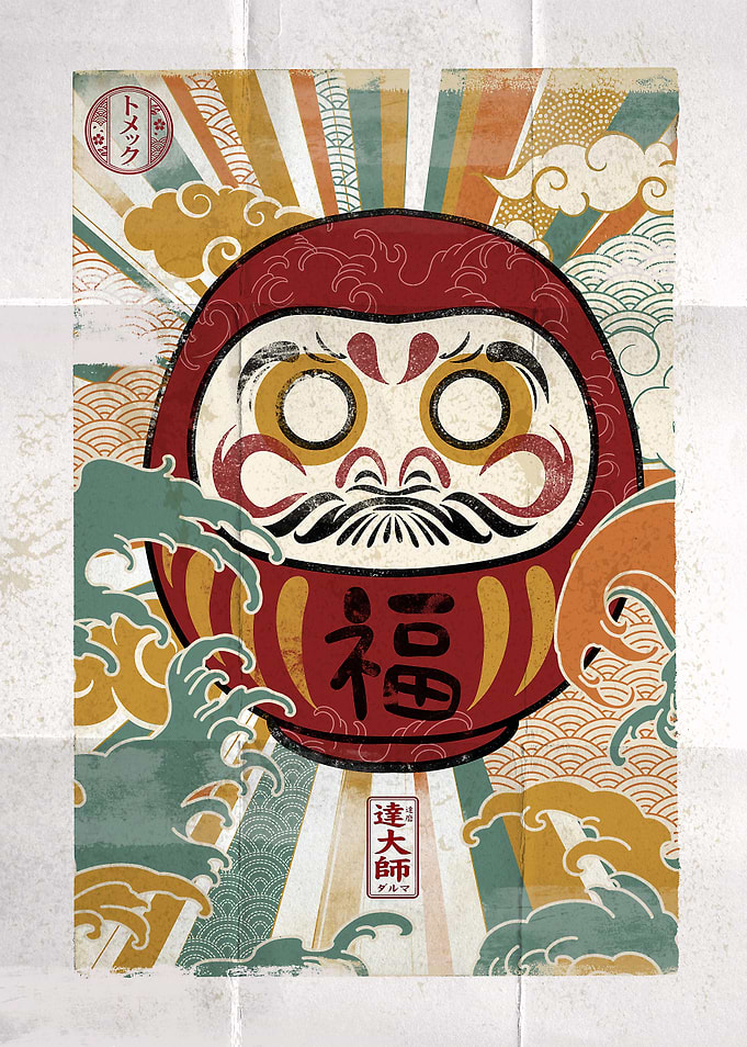 Daruma Doll with Japanese Motifs