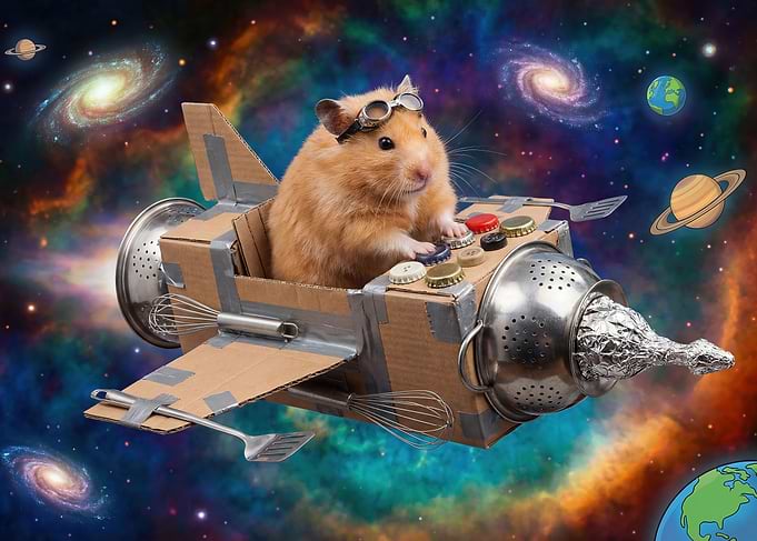 Hamster Pilot in Cardboard Spaceship