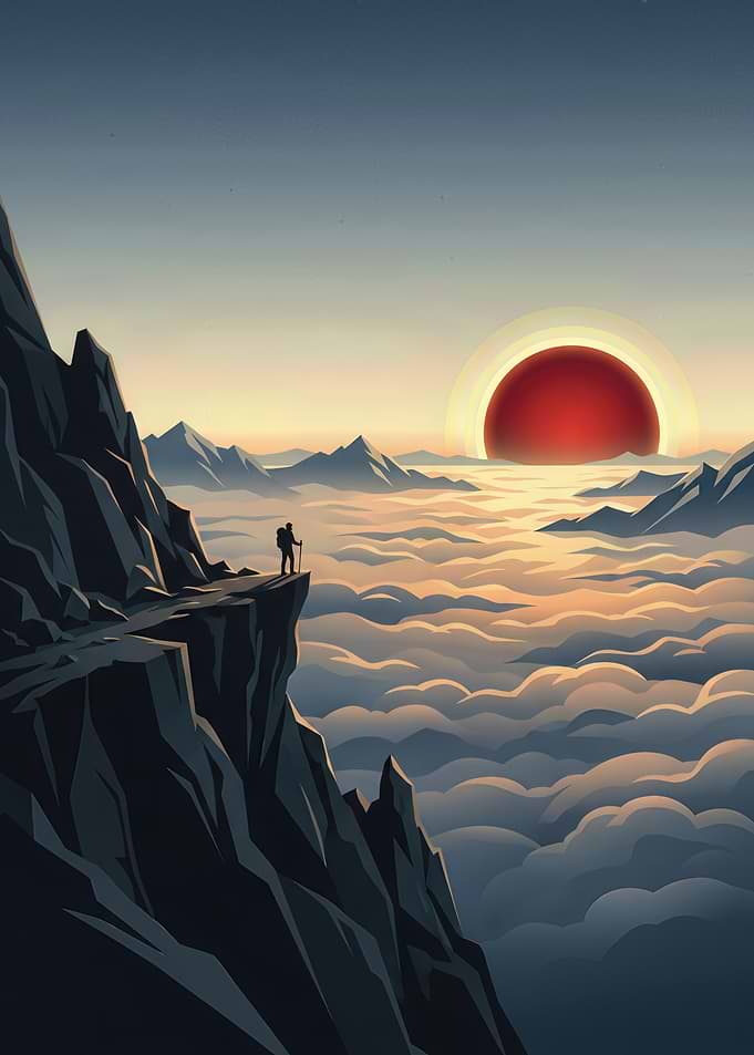 Hiker on cliff overlooking clouds at sunset