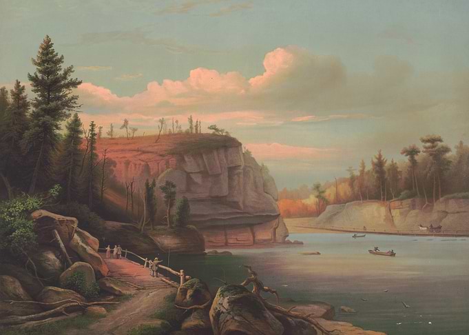 Scenic River Landscape with Cliffs and People