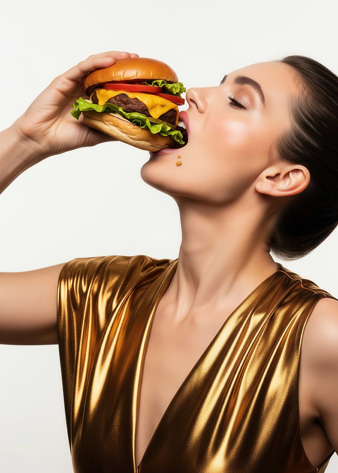 Woman eating a golden burger