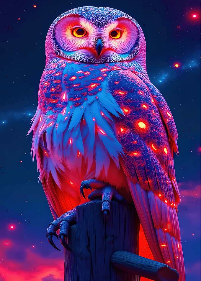 Neon Owl Perched on a Post