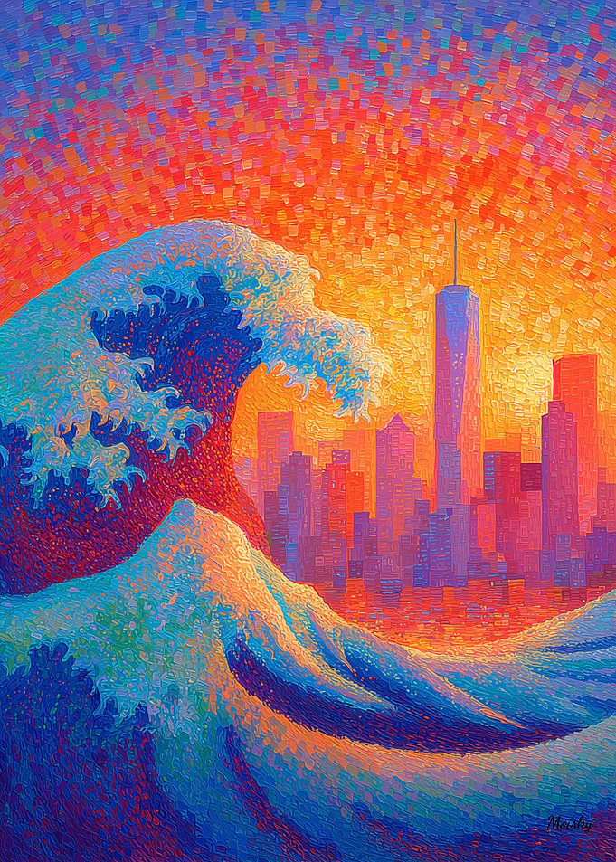 Pointillist Great Wave New York Skyline Art