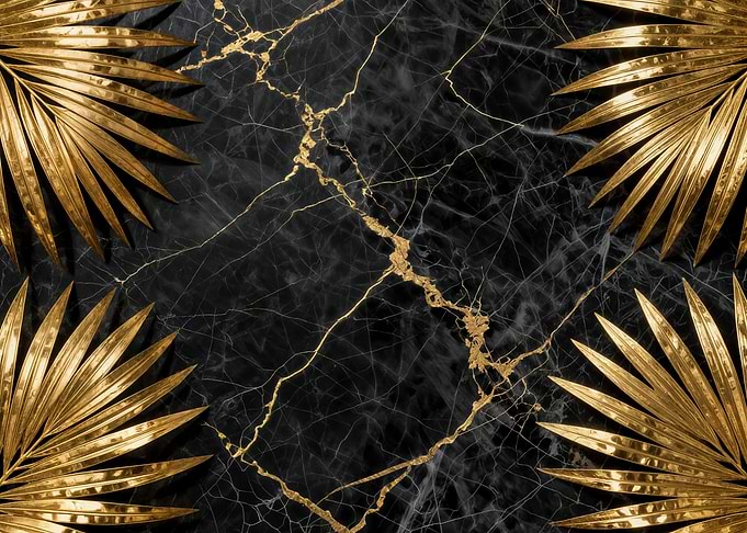 Golden Palm Leaves on Black Marble