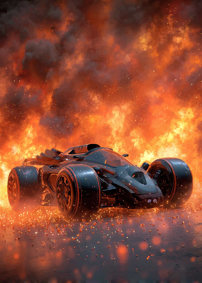 Futuristic Race Car in Flames