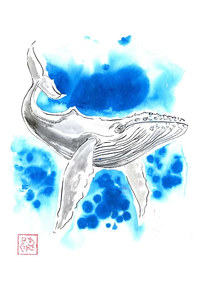 Watercolor Whale in Blue Water