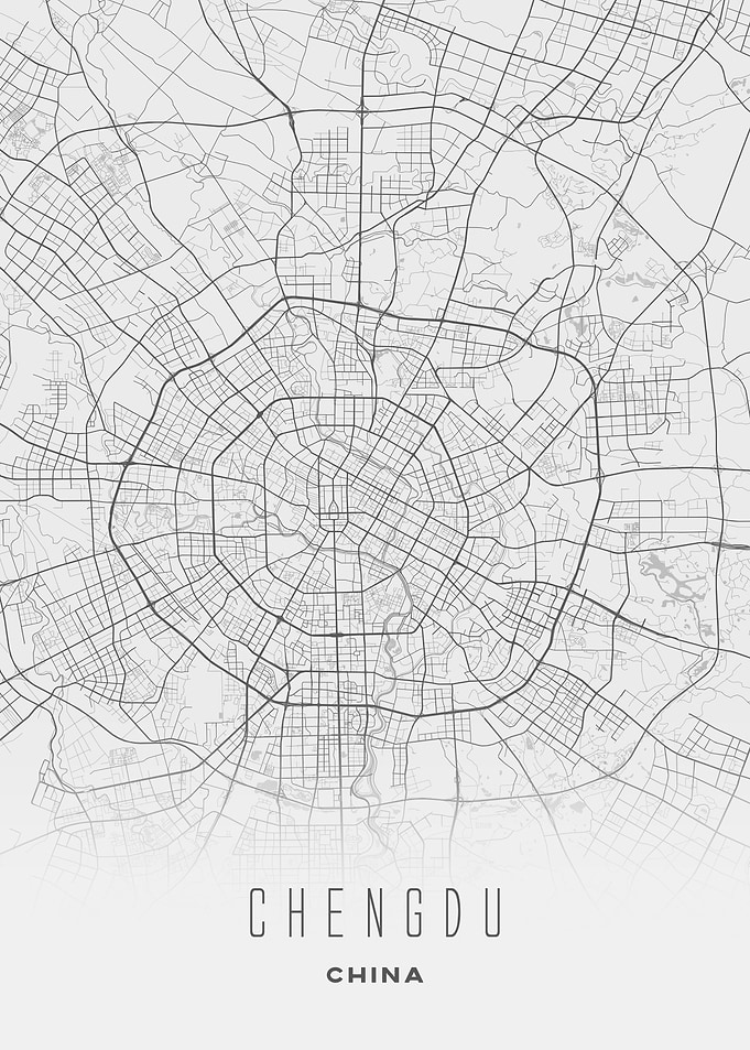 Chengdu, China - Minimal White City Streets Map, Wall Art Poster