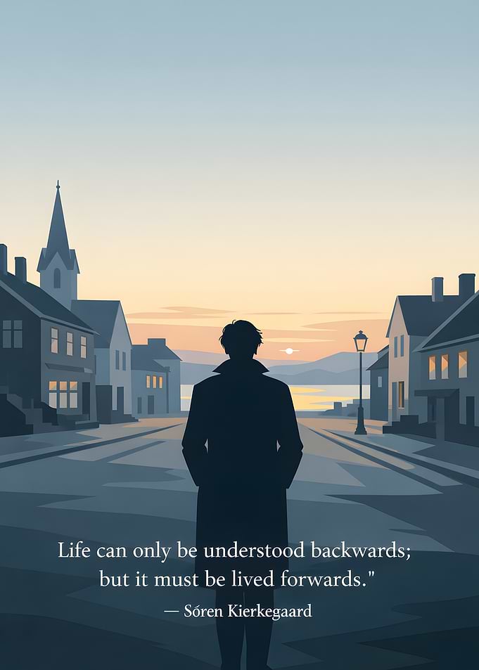 Man in coat looking at sunset over town