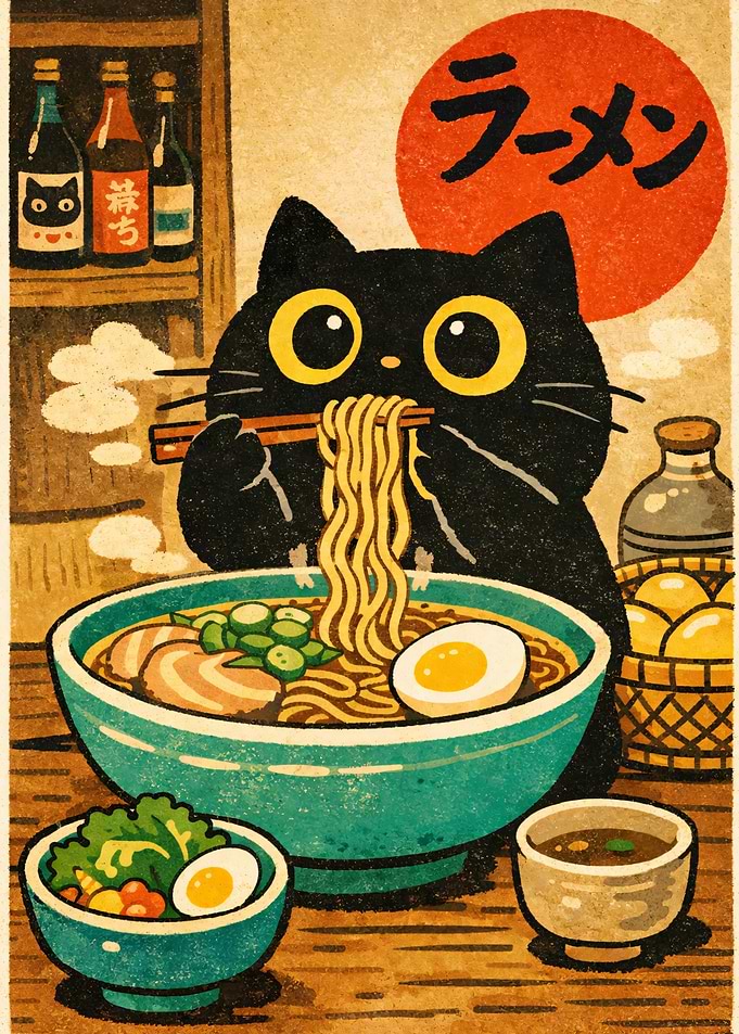 Black Cat Eating Ramen