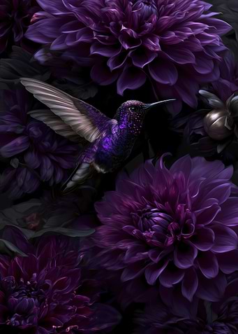 Hummingbird amidst purple dahlias