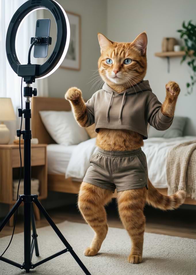 Influencer Cat in Athleisure Posing with Ring Light