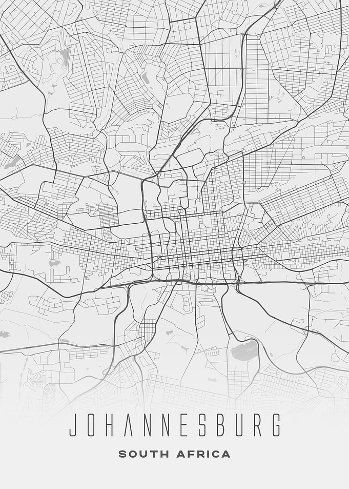 Johannesburg, South Africa - Minimal White City Streets Map, Wall Art Print