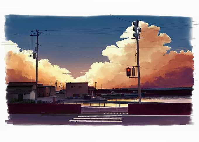Anime Coastal Town Sunset
