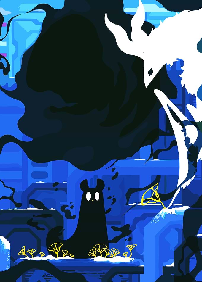 Dark Creature and White Spirit in Blue World