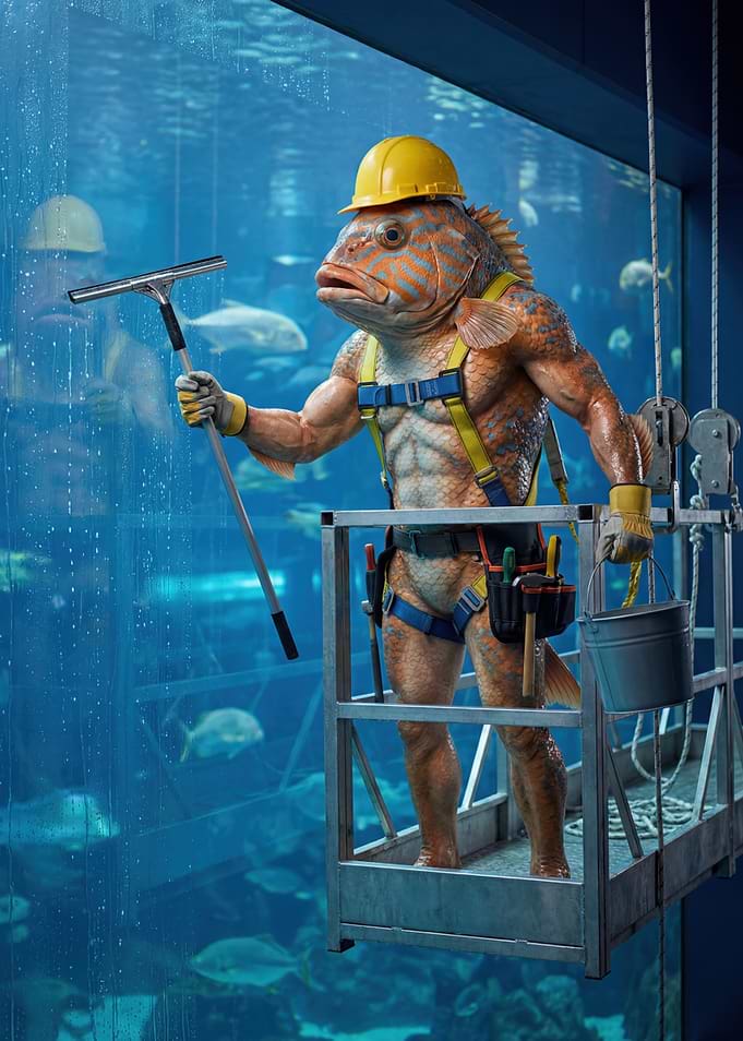Anthropomorphic Fish Cleaning Aquarium