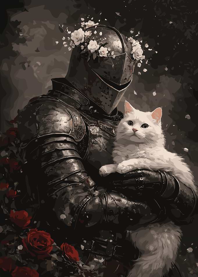 Knight Holding White Cat with Roses