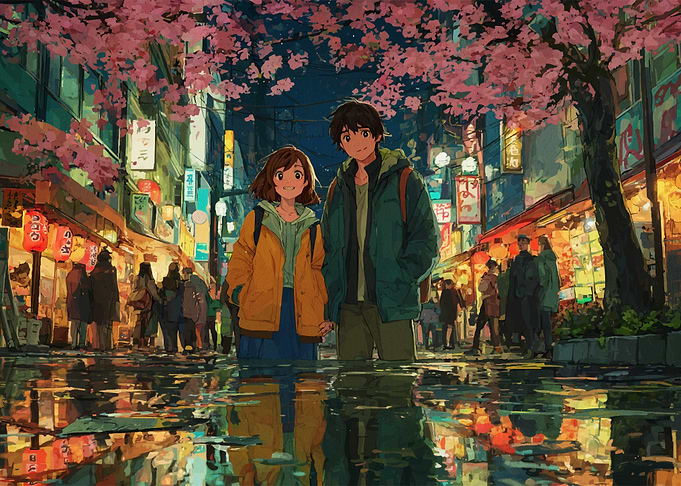 Couple in a Rainy Japanese City