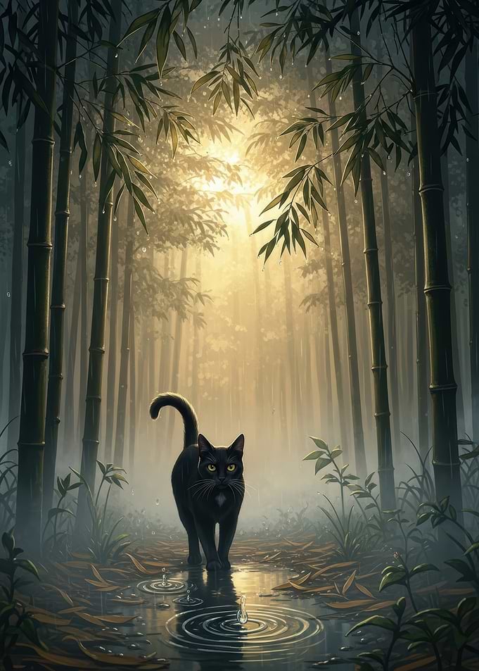 Black cat in a rainy bamboo forest