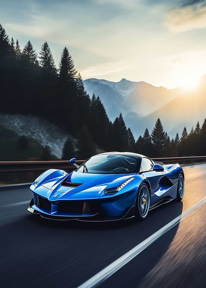 Blue Ferrari at sunset