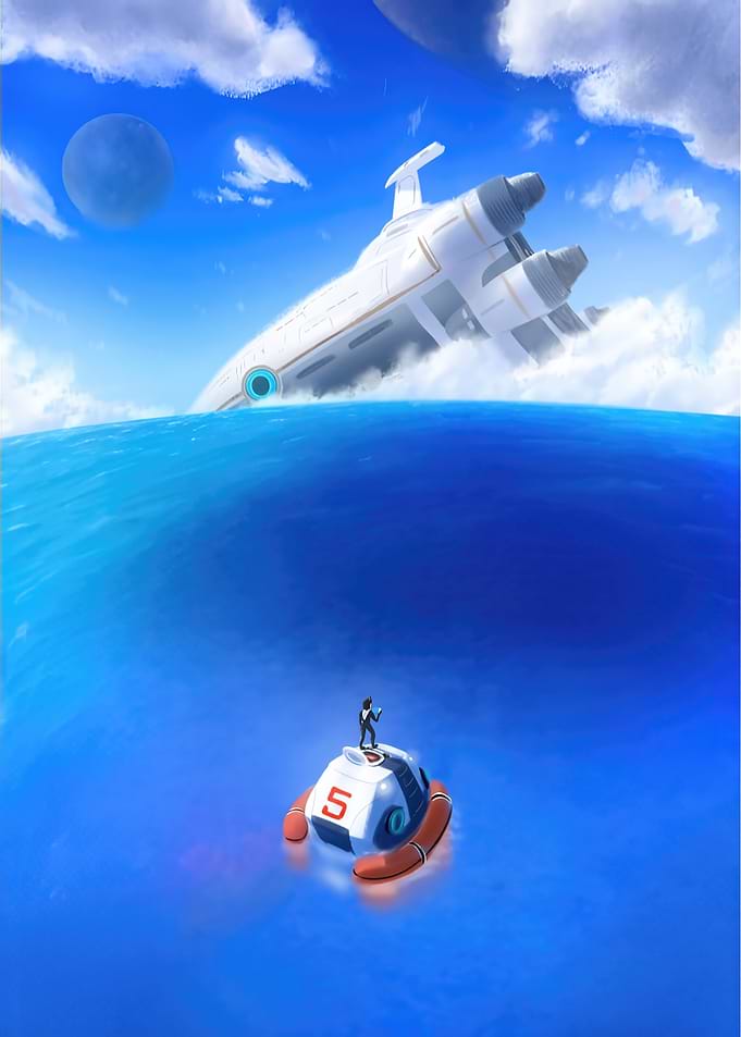 Sci-fi astronaut on a pod with a crashed ship