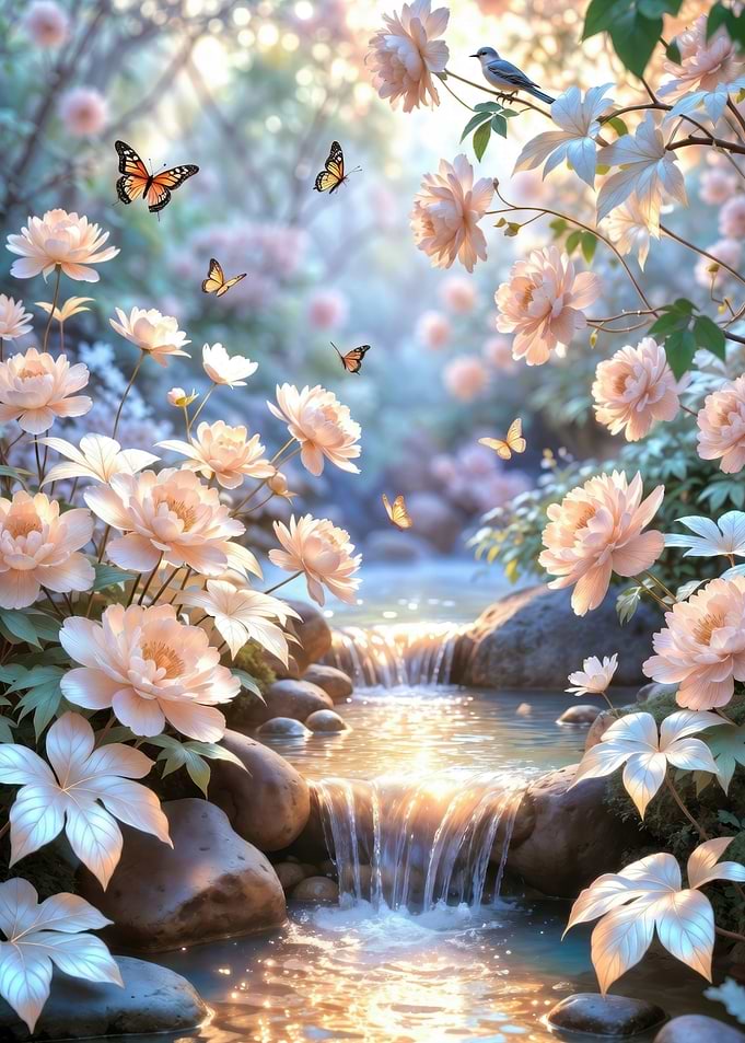 Enchanted Garden Waterfall with Butterflies