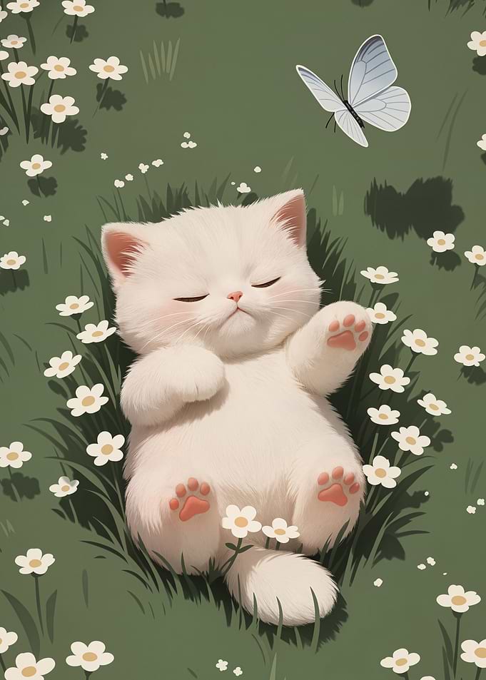 Cute White Kitten Sleeping in Flowers