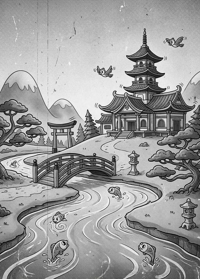 Japanese Pagoda and River Scene