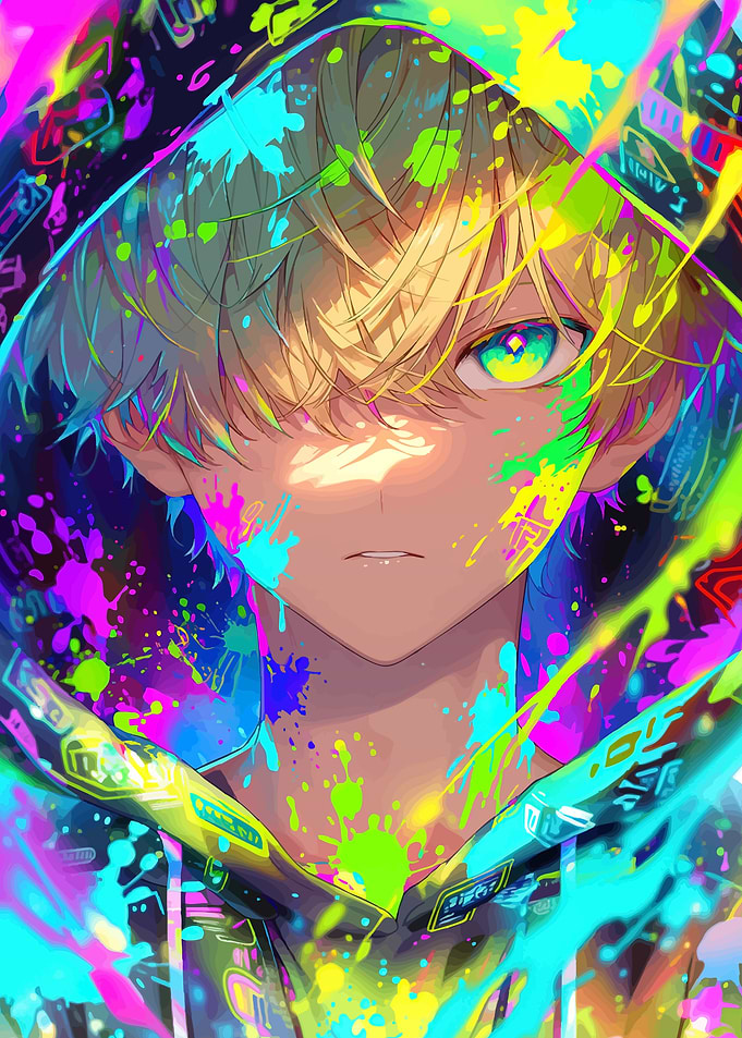 Anime Boy with Neon Paint Splatter