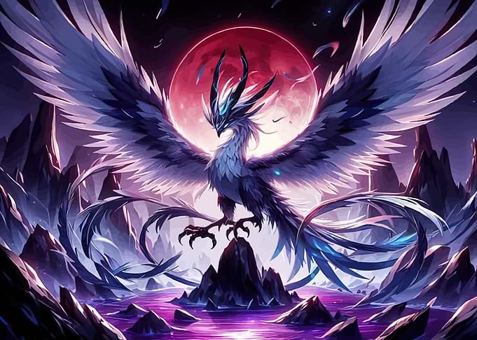 Mythical Phoenix with Red Moon
