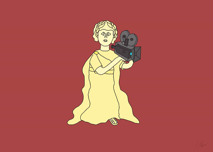 Statue holding a vintage film camera