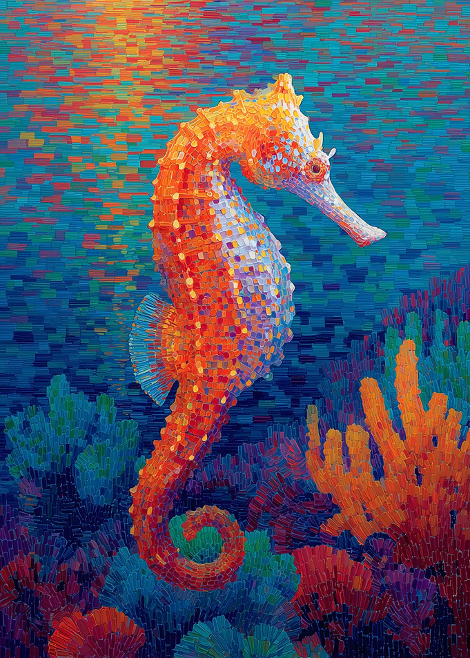 Colorful Seahorse Pointillism Ocean Art