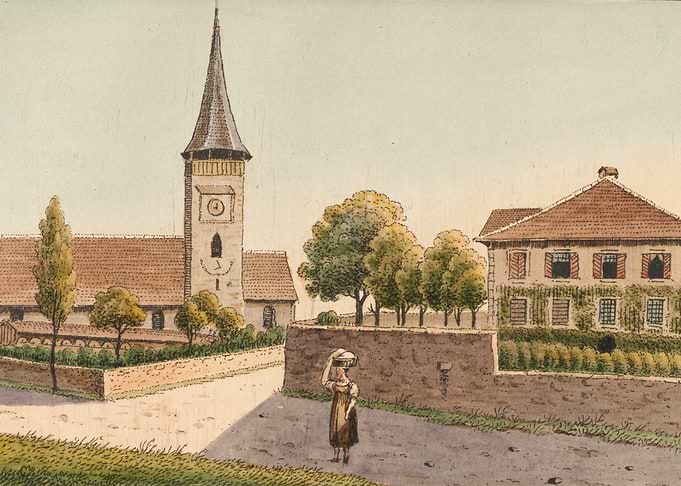 Village scene with church and house