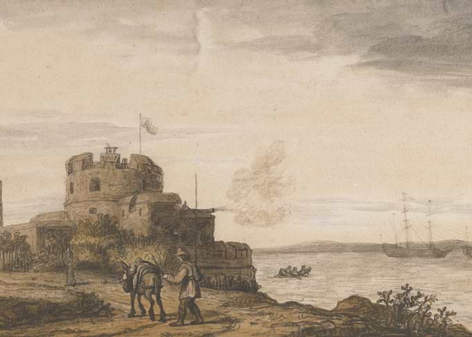 Fortress overlooking the sea with a ship