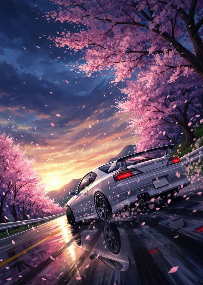 Drifting Car Under Cherry Blossoms