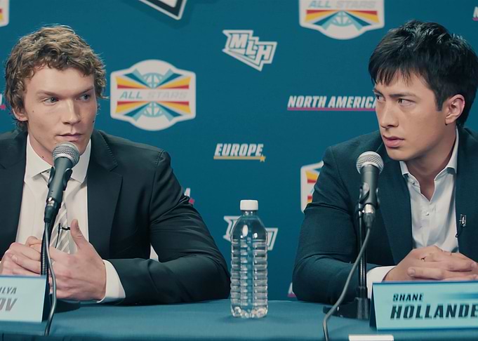 Heated Rivalry Hollander and Rozanov at a press conference