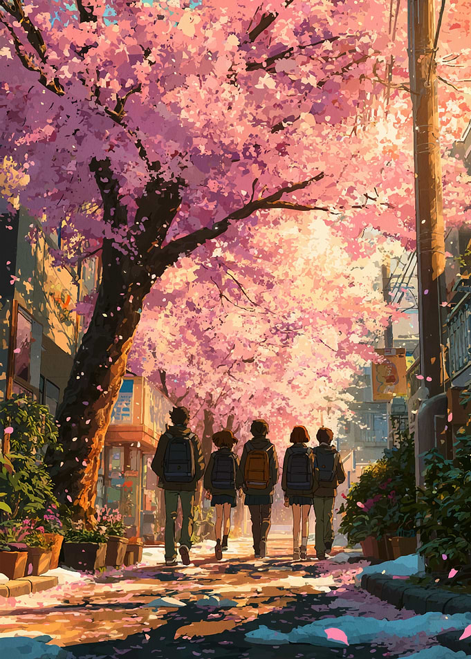 Students walking under cherry blossoms