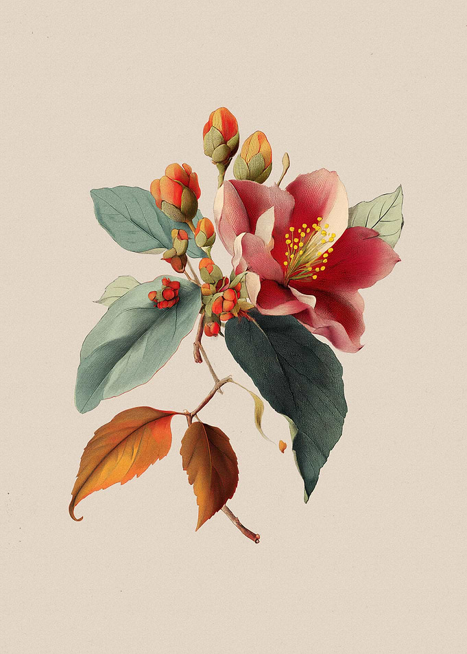 Vintage Botanical Illustration of Camellia