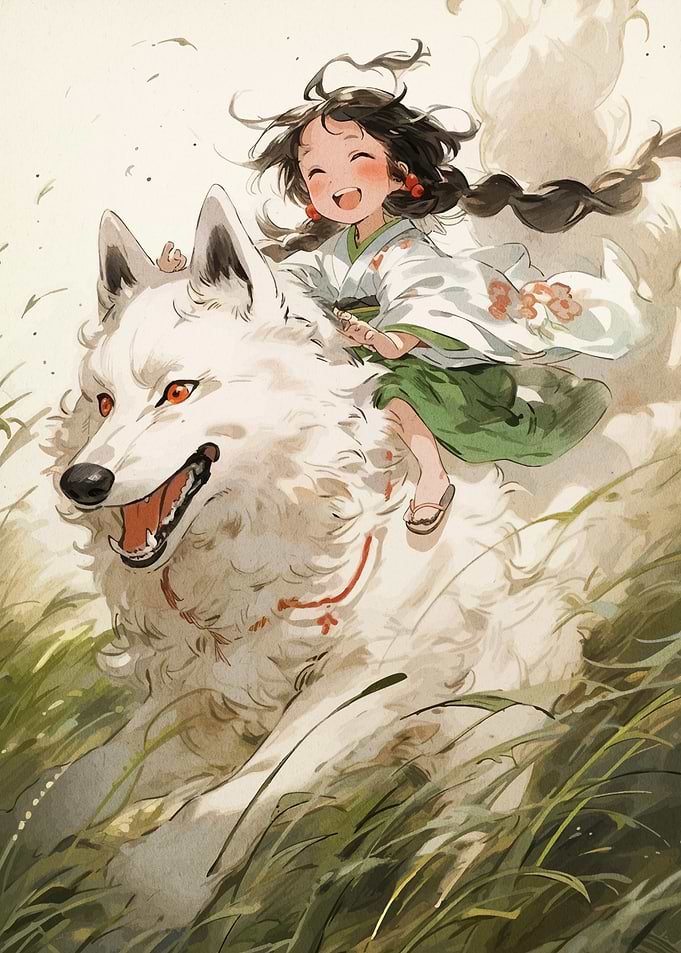 Girl Riding a White Wolf