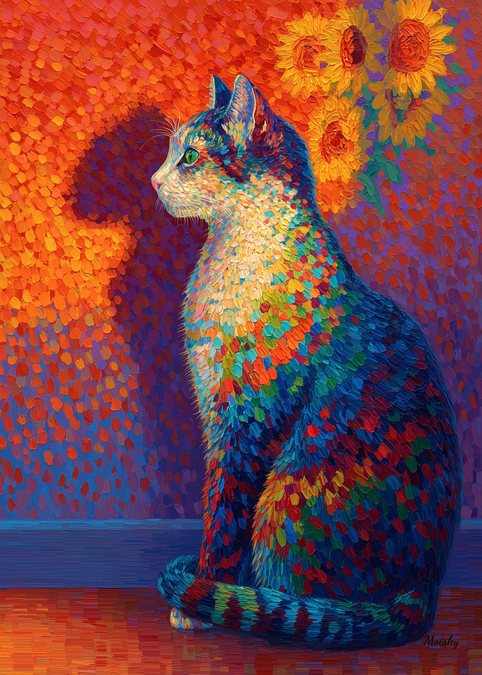Colorful Pointillist Cat Sunflower Still Life Art