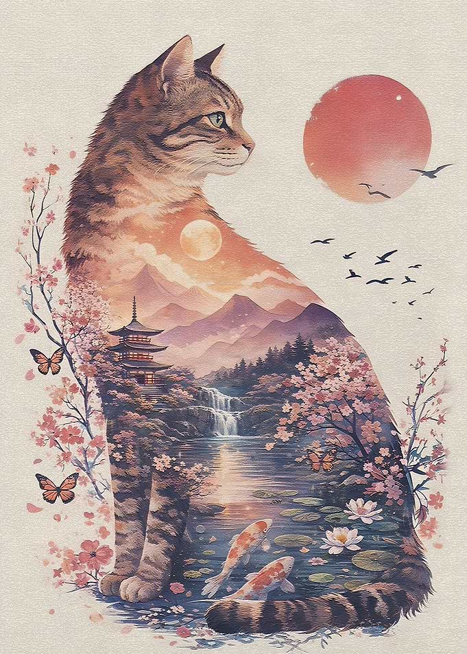 Cat with Japanese Landscape