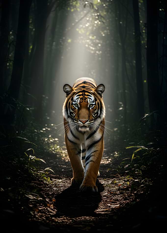 Tiger walking in a misty forest