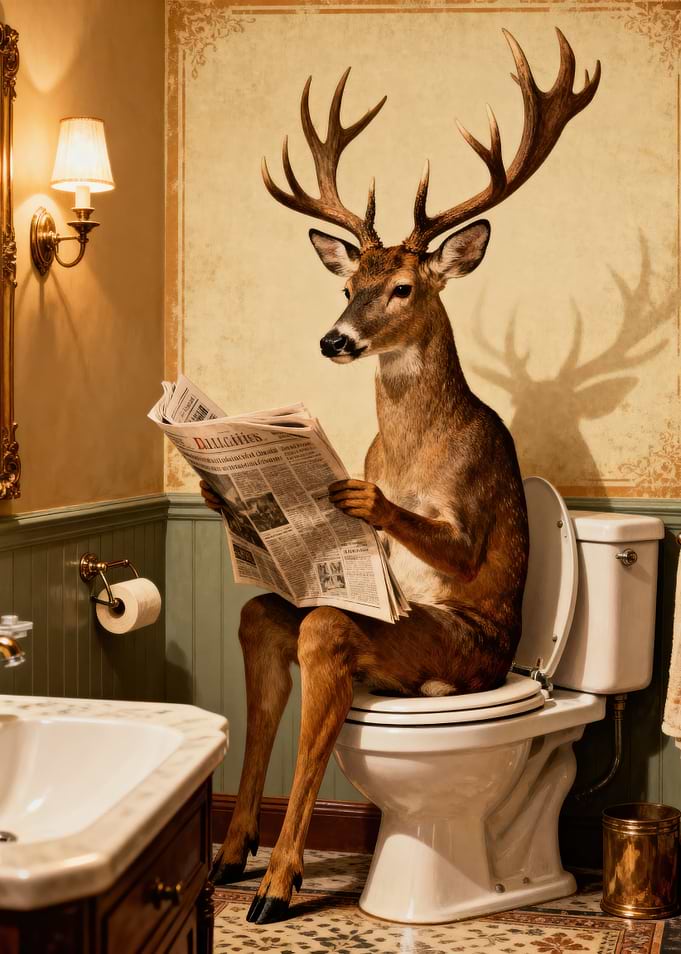 Deer reading newspaper on toilet