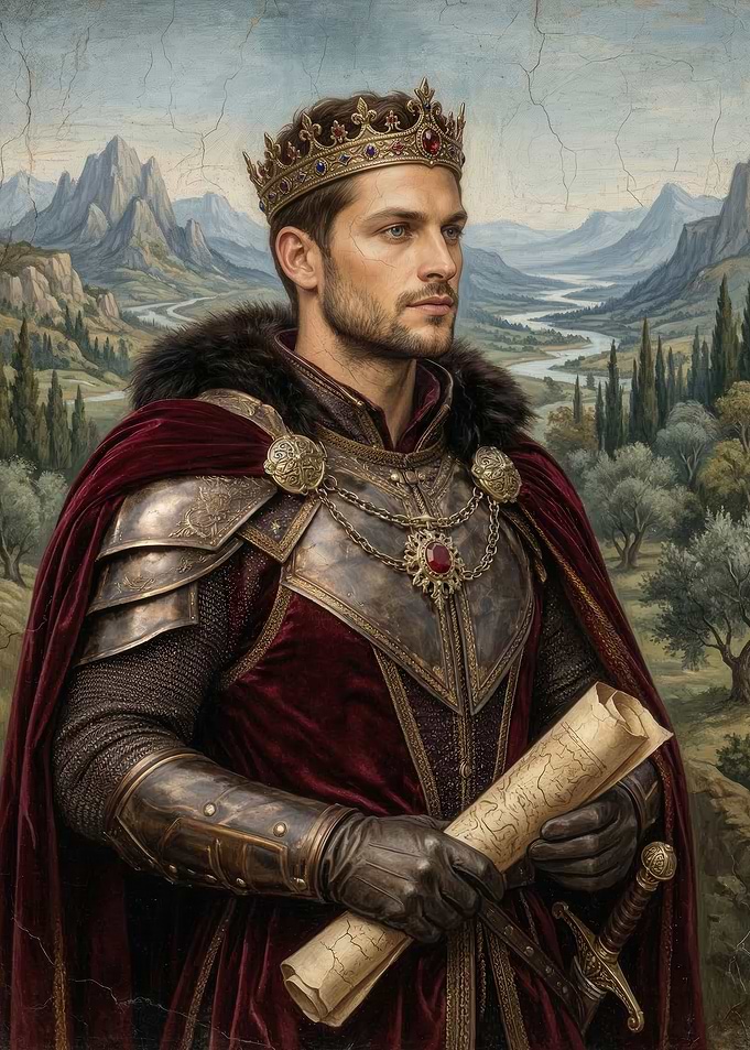 King in Armor with Scroll and Sword