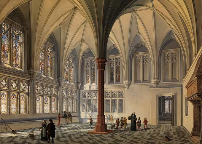 Gothic Hall with Stained Glass and Figures