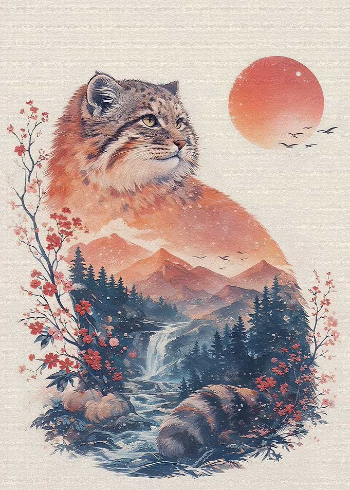 Manul Cat Landscape Double Exposure
