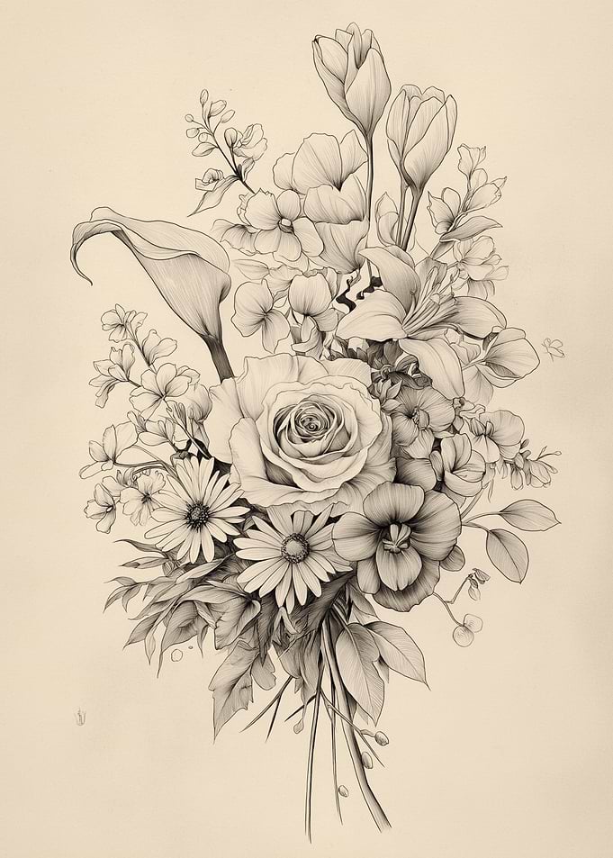 Pencil Sketch Floral Arrangement